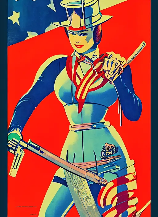 Prompt: american propaganda poster. cyberpunk samurai lady. portrait by jean giraud and anton otto fischer and john philip falter and will eisner and gil elvgren