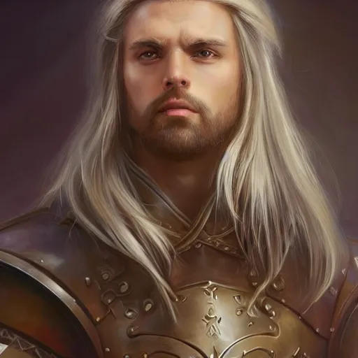 Image similar to portrait, handsome long - haired male fantasy paladin, blond, rpg game, stern expression, main character, highly detailed, digital painting, artstation, concept art, smooth, sharp focus, illustration, artgerm, tomasz alen kopera, peter mohrbacher, donato giancola, joseph christian leyendecker, wlop, frank frazetta