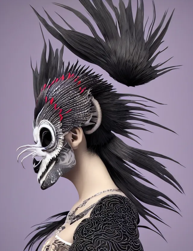 Image similar to 3 d goddess close - up profile simple portrait punk with mohawk with goat skull. beautiful intricately detailed japanese crow kitsune mask and clasical japanese kimono. betta fish, jellyfish phoenix, bio luminescent, plasma, ice, water, wind, creature, artwork by tooth wu and wlop and beeple and greg rutkowski