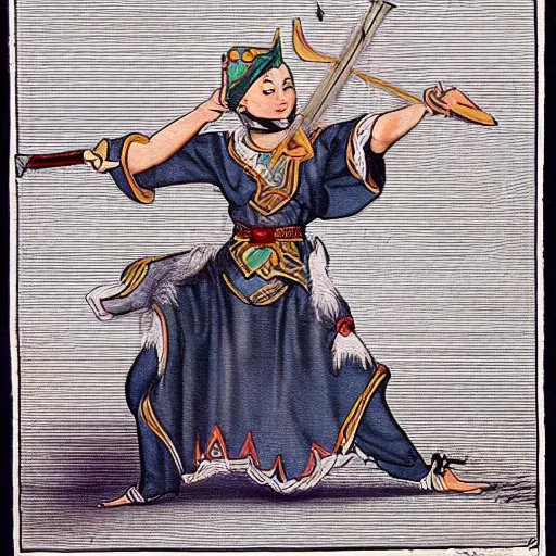 Image similar to fantasy elf performing a sword-dance in a flowing combat dress