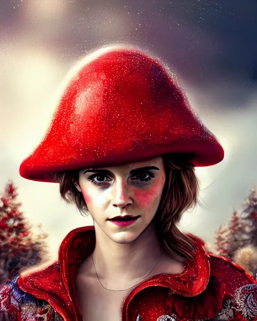 Prompt: highly detailed closeup, of emma watson, dressed in a red mushroom hat and clothes, full face view, on a battlefield, hyper realistic, psychedelic, illustration, digital paint, matte paint, vivid colors, detailed and intricate environment