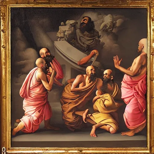 Image similar to hindu monks on greek senete baroque painting, lionardo davinchi