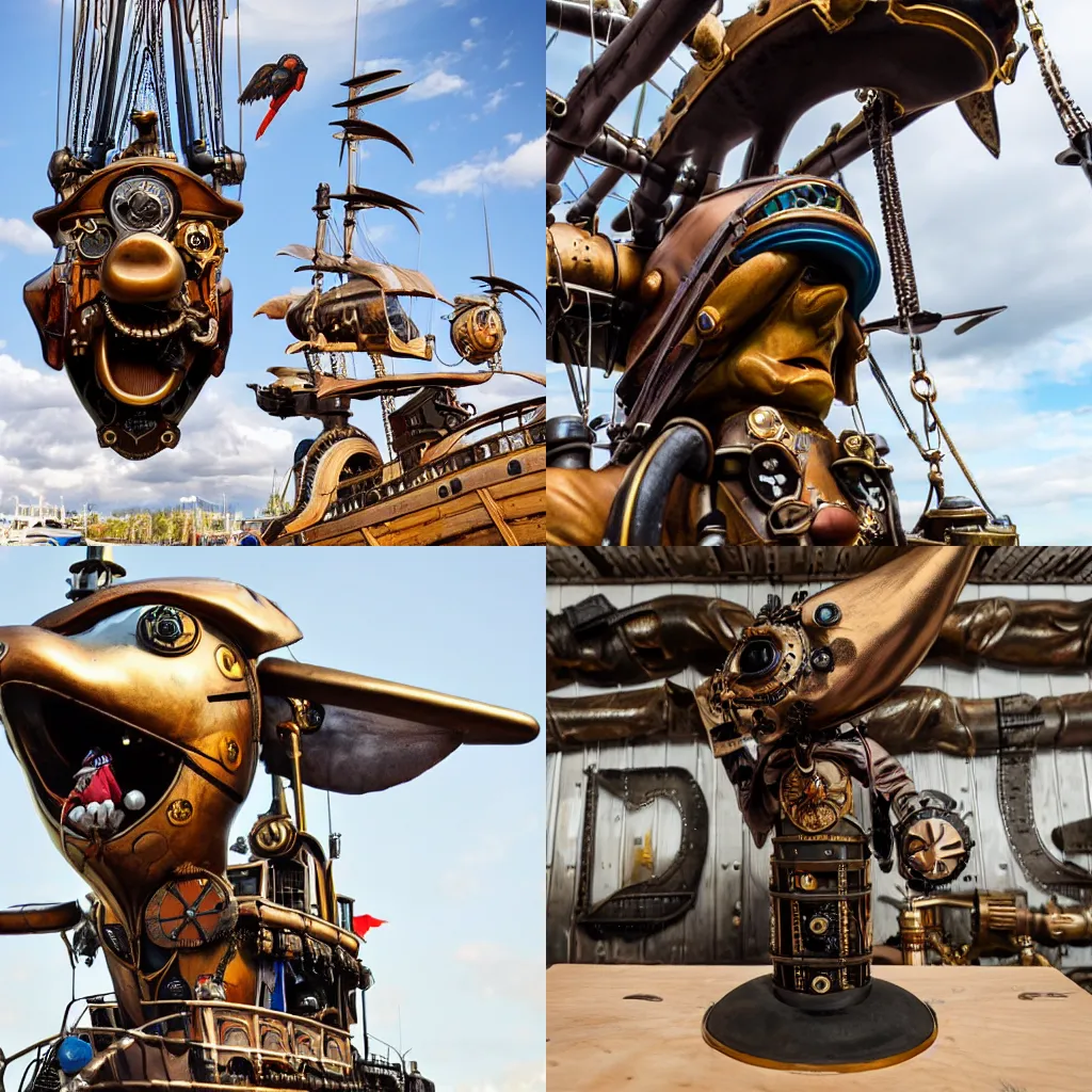 Prompt: animal figurehead of a steampunk pirate airship, action photography, wide angle lens, 15mm