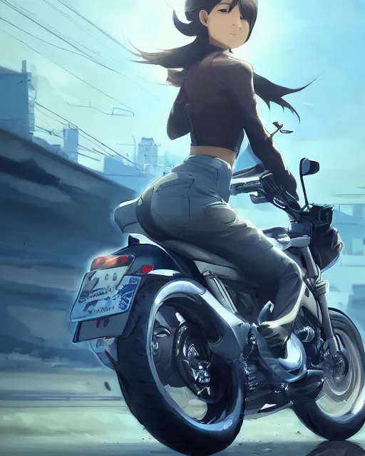 Image similar to a girl riding a motorcycle, full shot, atmospheric lighting, detailed face, by makoto shinkai, stanley artgerm lau, wlop, rossdraws