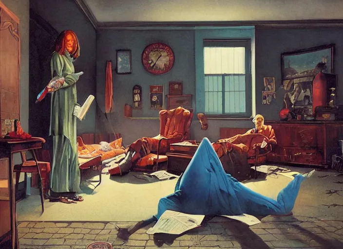 Prompt: a still from the film harry potter and the chamber of secrets by francis bacon, surreal, soft blue living room, norman rockwell and james jean, greg hildebrandt, and mark brooks, triadic color scheme, by greg rutkowski, in the style of francis bacon and syd mead and edward hopper and norman rockwell and beksinski, dark surrealism, open ceiling