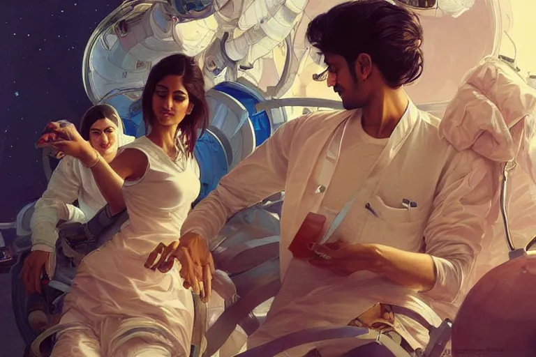 Image similar to Sensual good looking pale young Indian doctors wearing jeans partying in a space station above Earth performing surgery, portrait, elegant, intricate, digital painting, artstation, concept art, smooth, sharp focus, illustration, art by artgerm and greg rutkowski and alphonse mucha