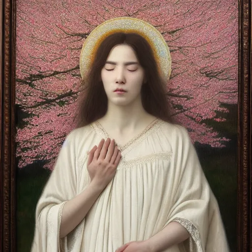 Image similar to a crying woman in a white gown kneeling at a beautiful shrine under a cherry blossom tree, rainy wet, ultradetailed, hd 8 k, agostino arrivabene, oil on canvas, detailed brushstrokes