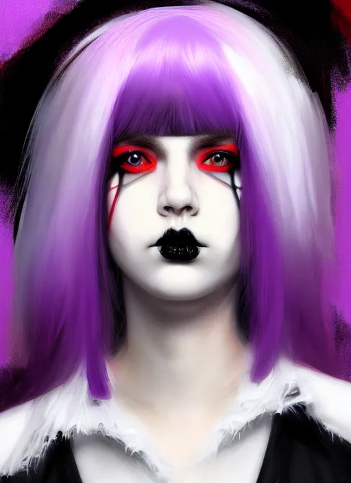 Image similar to portrait of white teenage girl, normal face, white bangs, mall goth, cyberlox, black and white hair, bangs, fluffy bangs, red contact lenses, purple lipstick, intricate, elegant, highly detailed, digital painting, artstation, concept art, sharp focus, smooth, illustration, art by wlop, mars ravelo and greg rutkowski