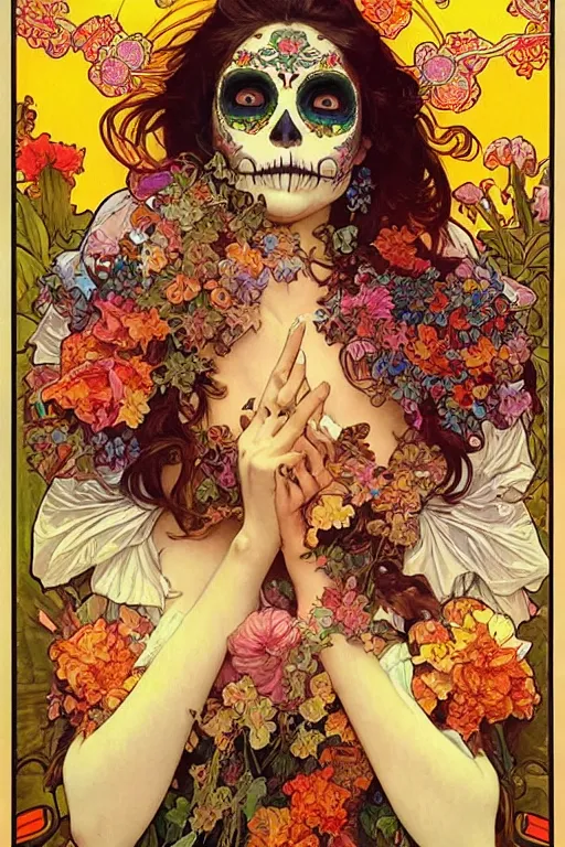 Prompt: realistic detailed psychedelic poster art of a cute Día de los Muertos girl by Victor Moscoso Rick Griffin Alphonse Mucha Ayami Kojima Amano Charlie Bowater, masterpiece