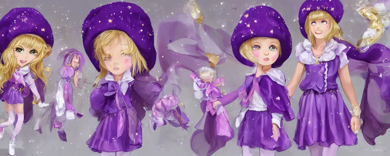 Prompt: A character sheet of full body mystical girls with short blond hair wearing an oversized purple Beret, A purple and white dress uniform, Short Puffy pants made of silk, a fluffly petticoat, pointy jester shoes, a big billowy scarf, Golden Ribbon, and white leggings Covered in stars. Short Hair. Sunlit. Haute Couture.Art by william-adolphe bouguereau and Paul Delaroche and Alexandre Cabanel and Lawrence Alma-Tadema. Smooth. Elegant. Highly Detailed. Intricate. 4K. UHD. Denoise.