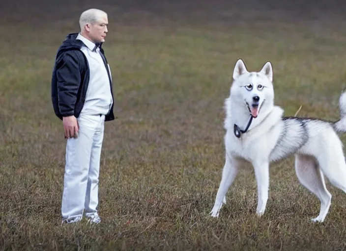 Image similar to film still of an anthropomorphic standing upright man dog white vested husky!!!!!! in a white vest wearing a white vest!!!!! in the new sci - fi movie, 8 k