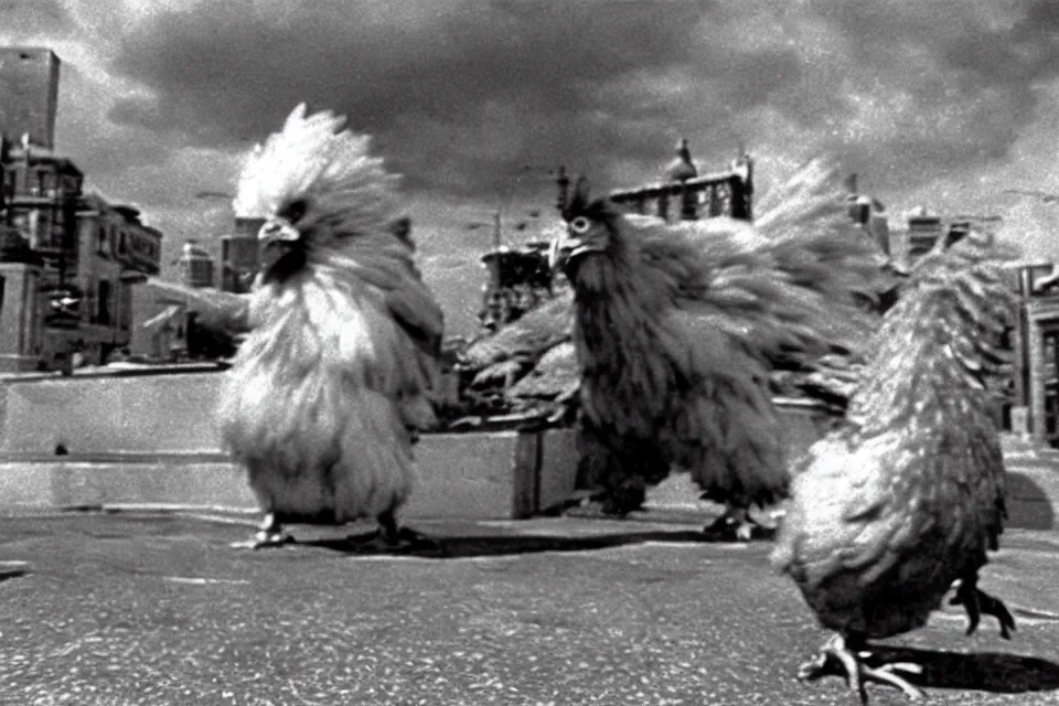 Image similar to still image taken from sci fi horror movie of a giant chicken and monster attacking a city. low camera angle. 1 9 6 0.