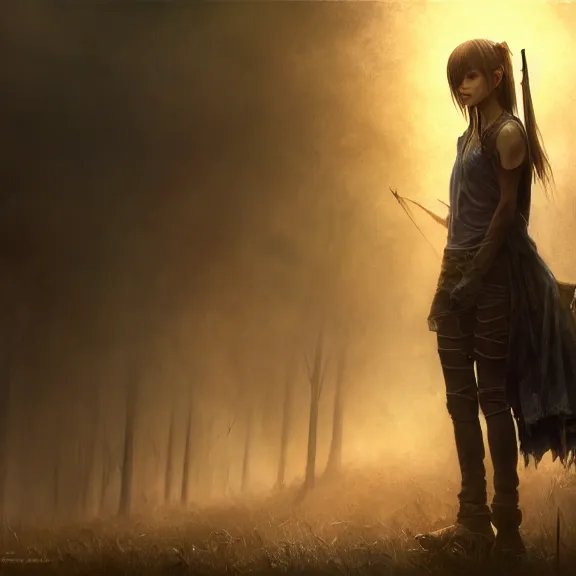 Image similar to a girl from final fantasy live action, movie still from the walking dead, evocative, mystical night, sharp focus, very very very very detailed, award winning, masterpiece digital painting by greg rutkowski, alex grey, marc adamus, beautiful dramatic lighting, artstation, 4 k wallpaper, style by peter deligdisch, peterdraws