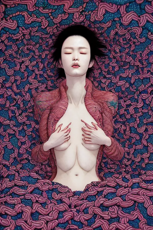 Image similar to realistic detailed image of a woman in a stray jacket laying in a padded room, conjuring psychedelic background, part by takato yamamoto, part by alex gray, ross tran, james jean, ultra realistic, octane render, highly detailed, very cohesive, 8 k, trending on artstation, cosmic, masterpiece