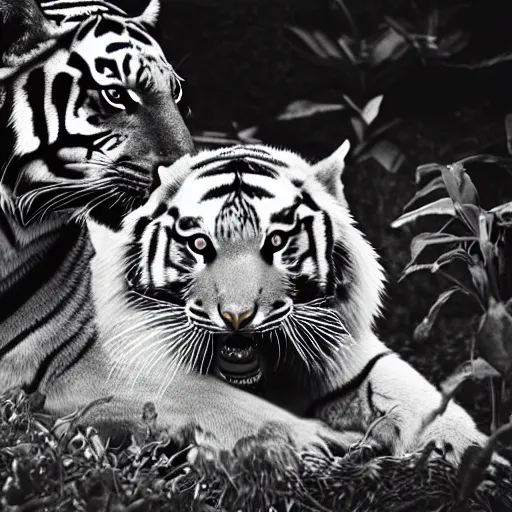 Prompt: rising silent star posing with a tiger in a garden, 1 9 2 0 s photography, trending on unsplash, black and white photography, intricately defined, complexly detailed, 4 k photorealism, golden ratio!!!!!, centered!!!!!