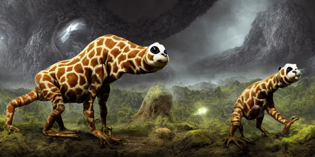 Image similar to alien giraffe panda frog on alien planet, lowbrow, 8 k, matte painting,