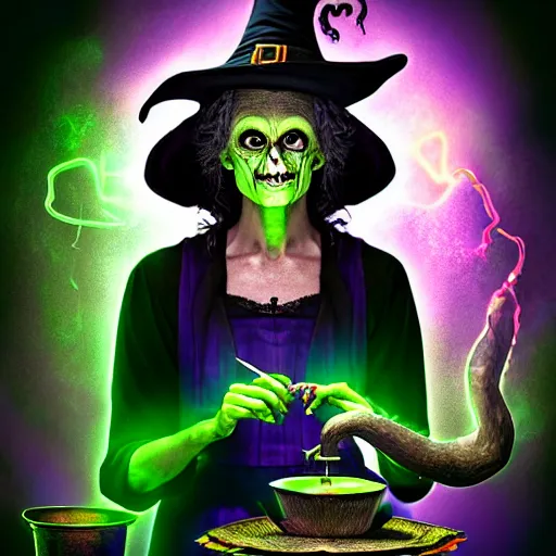 Image similar to a portrait of a scary ugly witch that is brewing a wicked potion in her cauldron that is marked with magical symbol that are glowing, highly detailed, digital photo, hdri, by christopher bretz and john carpenter, vivid colors, high contrast, 8 k resolution, intricate, photorealistic, smooth, psychedelic color scheme, concept art, award winning, cg society contest winner