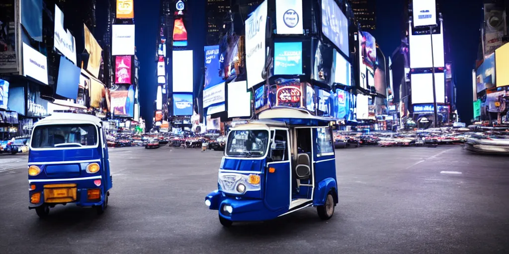 Prompt: a blue and white tuk tuk in Times Square at night, very hazy, cloudy, diffused lighting, moody, dark purple tones, shallow depth of field, 4k