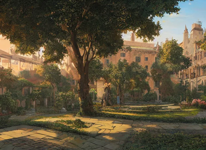 Image similar to environmental illustration of a cloister garden in a late renaissance city at sunset | | anime key visual, official media, illustrated by wlop, extremely detailed, 8 k, trending on pixiv, cinematic lighting, beautiful