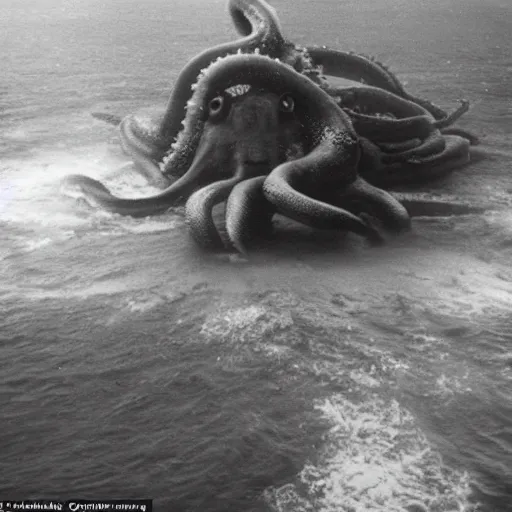 Prompt: a ww 2 photograph about giant octopus floating on air with gas surrounded