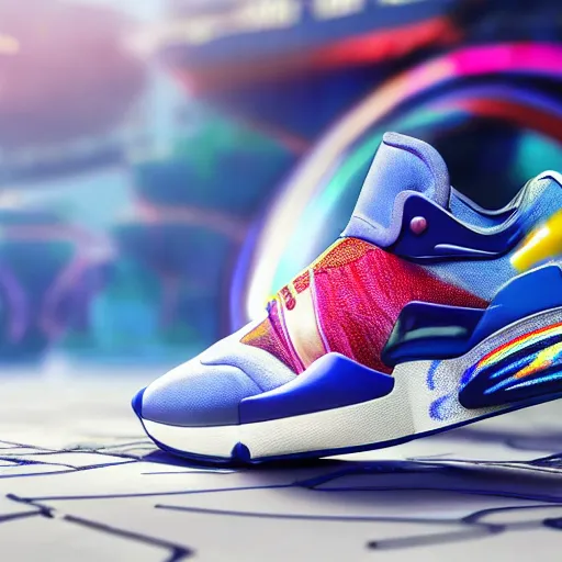 Prompt: most expensive sneaker ever made, wide shot, vibrant color details, hyper realistic, symmetrical, ray tracing, epic, cinematic lighting, beautiful