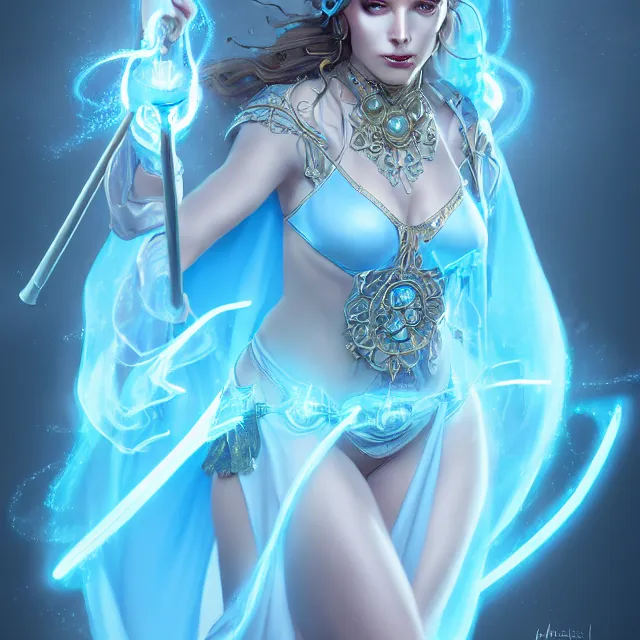 Prompt: beautiful elemental electric witch with ornate light blue robes and staff, highly detailed, 4 k, hdr, smooth, sharp focus, high resolution, award - winning photo, artgerm, photorealistic