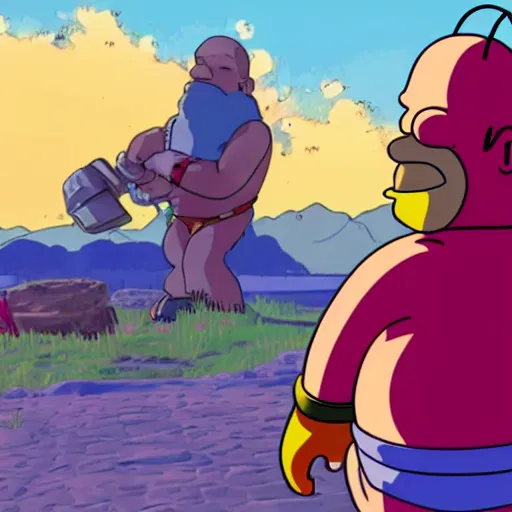 Prompt: homer simpson fighting a goblin in the style of zelda breath of the wild