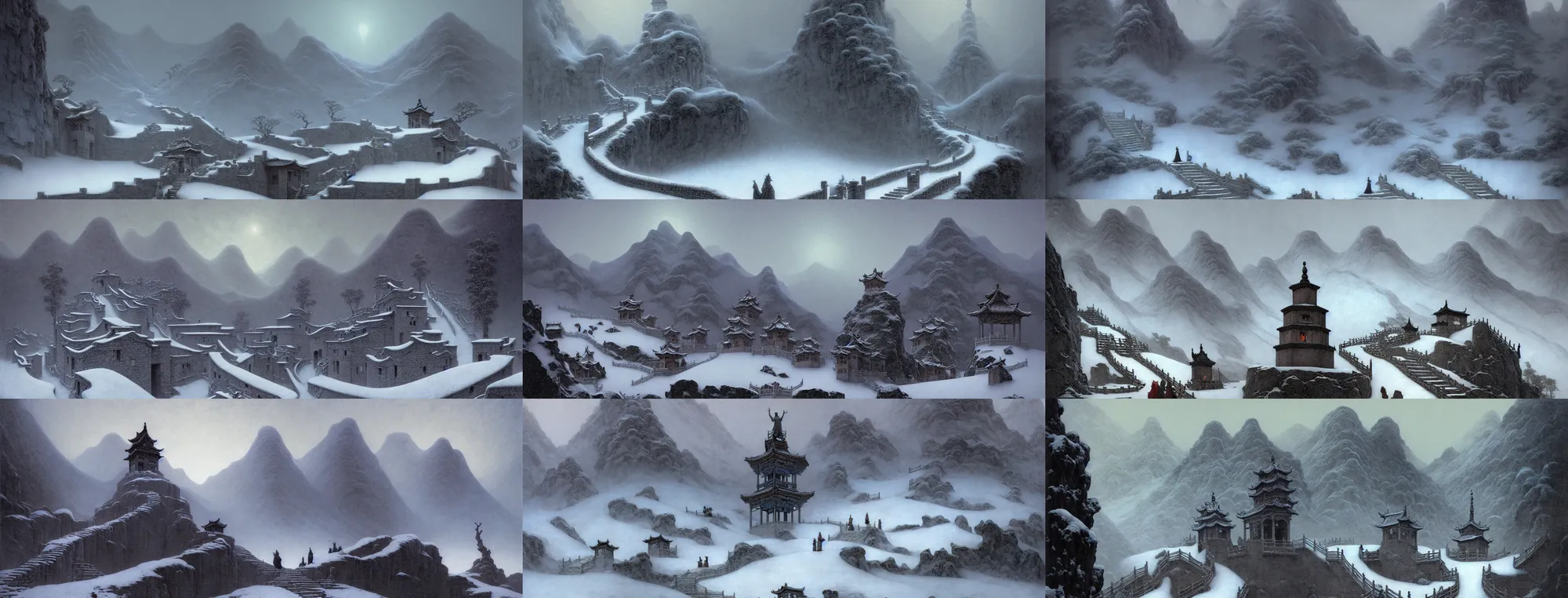 Image similar to a gorgeous bleak snowy landscape painting by barlowe wayne, maxfield parrish, gustave dore and marco mazzoni. a lonnely huge chinese buddha statue. china mountain village. grey blue and very little light verdancy. the winding stone steps. ultra clear detailed. 3 d, octane render. turbulent blood lake.