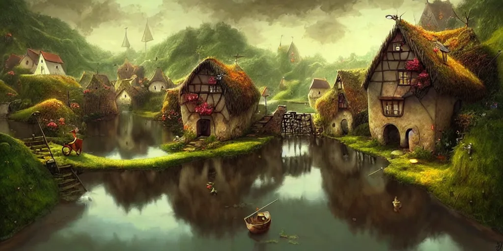 Prompt: amazing detailed village with a river, water, reflection, stone bridge, art by Yohann Schepacz, art by Gediminas Pranckevicius, art by Esao Andrews