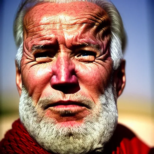 Image similar to portrait of president joe biden as afghan man, green eyes and red scarf looking intently, photograph by steve mccurry