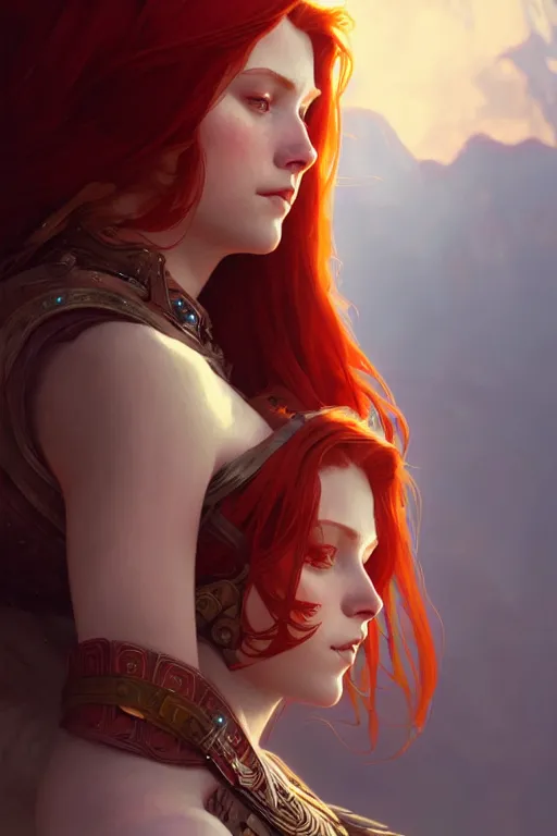 Prompt: a beautiful redhead warrior girl, fantasy, portrait, sharp focus, intricate, elegant, digital painting, artstation, matte, highly detailed, concept art, illustration, ambient lighting, art by ilya kuvshinov, artgerm, alphonse mucha, and greg rutkowski