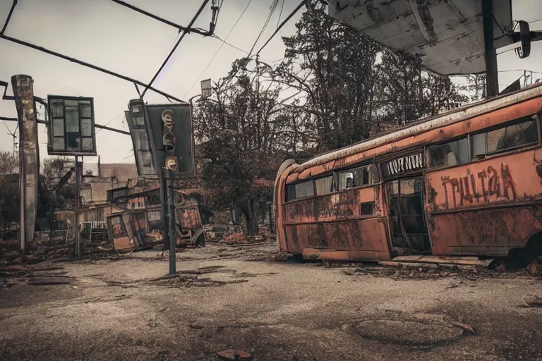 Prompt: low wide angle shot of dilapidated fallout 5 europa, temperate european hamlet, desolate, dilapidated neon signs, few rusted retro futuristic vintage parked vehicles like cars, ( ( ( ( buses, trucks, trams ) ) ) ), volumetric lighting, photorealistic, daytime, autumn, sunny weather, sharp focus, ultra detailed