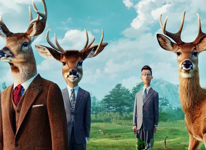 Prompt: a very high resolution image from a new movie, two deer wearing suits are eat instant noodles, grass sky and clouds ， a broken temple and cranes in the middle ， beatiful backgrounds, dramatic lighting, directed by wes anderson