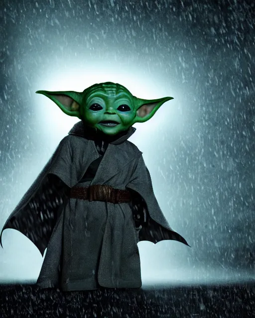 Image similar to epic closeup cinematic still of baby yoda wearing batman costume as batman in atmospheric rainy alleyway in the style of batman the dark knight rises, 8 k backlit, dramatic moonlight lighting, beautiful composition