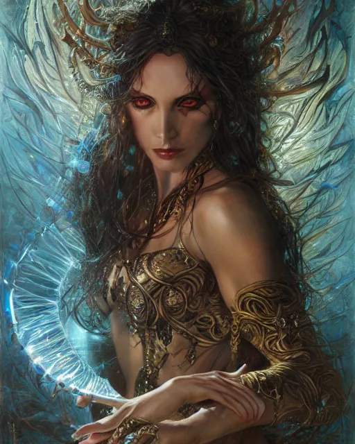 Image similar to a highly detailed airbrush painting of an evil female fantasy sorceress with piercing beautiful eyes art by karol bak and donato giancola and mark brooks, centered, full size, hires, 4 k, high resolution, sharp focus