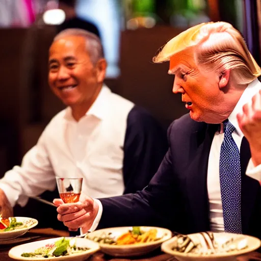 Image similar to Trump and Biden having dinner at a fancy Balinese restaurant, award winning photography, sigma 85mm Lens F/1.4, blurred background, perfect faces