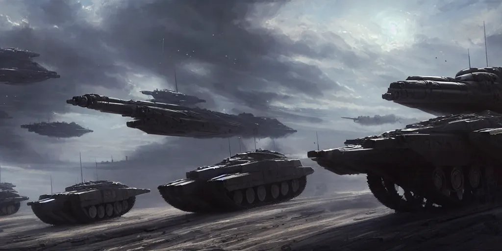 Image similar to hyper realistic sci - fi matte concept art painting of a low flying spaceship over a battlefield filled with tanks, mecha and transports, beautiful details, strong composition painted by kim jung guweta studio rutkowski, james gurney and greg rutkowski, and lucasfilm, smooth, intricate, detailed, sharp focus, cinematic