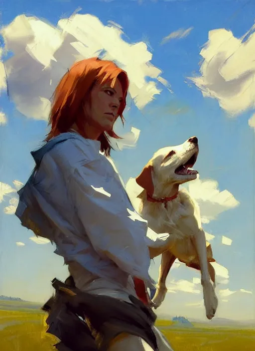 Image similar to Greg Manchess painting of Zero Two in casual wear out playing with the dogs, countryside, fantasy character portrait, dynamic pose, above view, sunny day, thunder clouds in the sky, artwork by Jeremy Lipkin and Giuseppe Dangelico Pino and Michael Garmash and Rob Rey, very coherent asymmetrical artwork, sharp edges, perfect face, simple form, wacky, 100mm