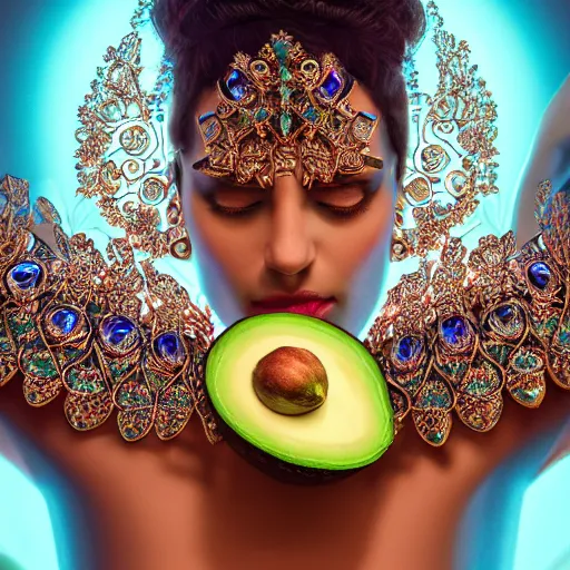 Image similar to portrait of pretty queen of avocado, glowing, ornate and intricate blue jewelry, jaw dropping beauty, glowing background lighting, white accent lighting, hyper detailed, 4 k octane render