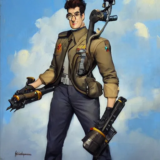 Prompt: greg manchess portrait painting of armored dr. egon spengler as overwatch character, medium shot, asymmetrical, profile picture, organic painting, sunny day, matte painting, bold shapes, hard edges, street art, trending on artstation, by huang guangjian and gil elvgren and sachin teng