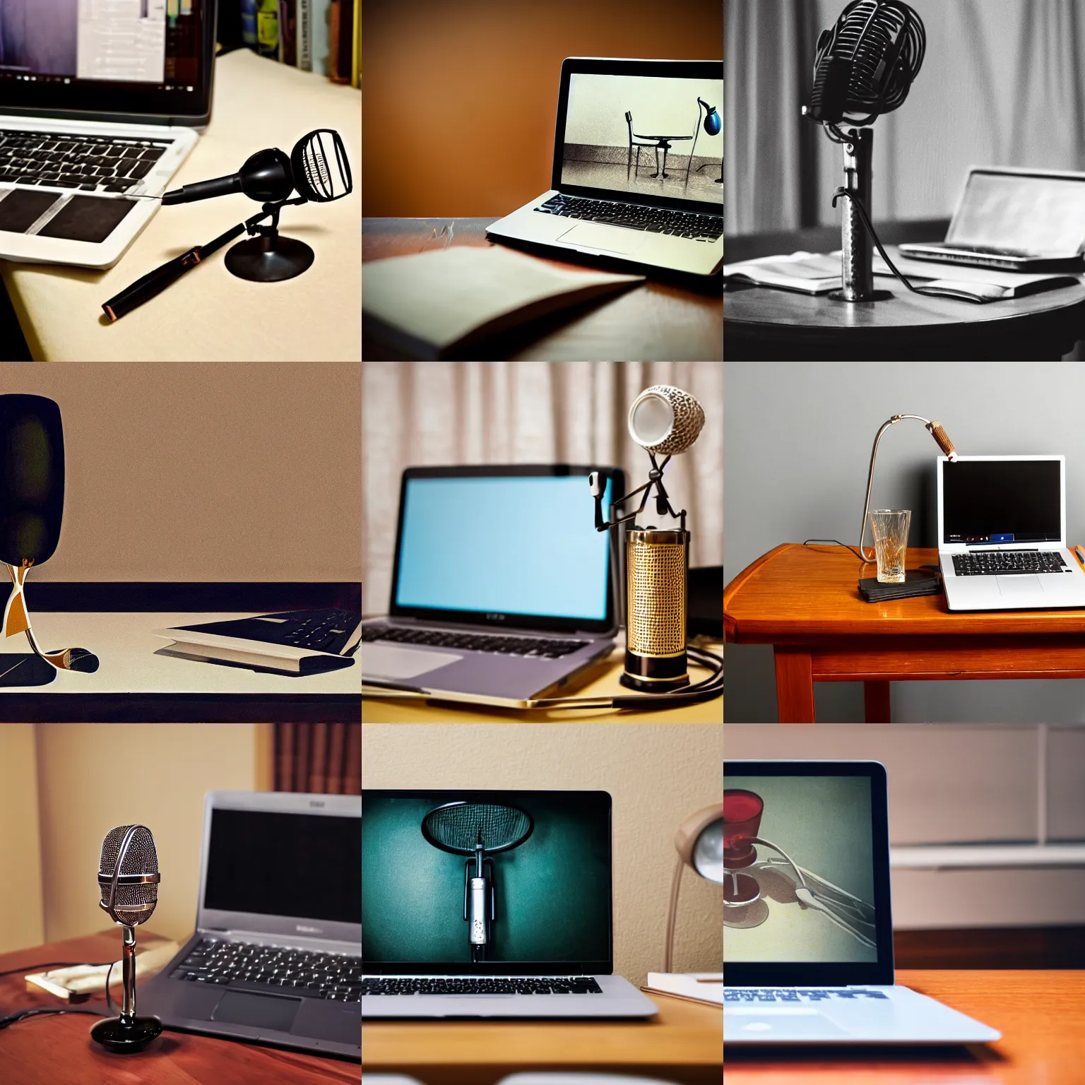 Prompt: laptop computer, wineglass and microphone on a table, in an art deco study