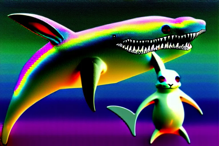 Image similar to a detailed digital art of a bunny disguised as a shark in the style of junji ito and moebius and giger, rainbow color scheme, ornate, photosynthetic,8k,award winning art,