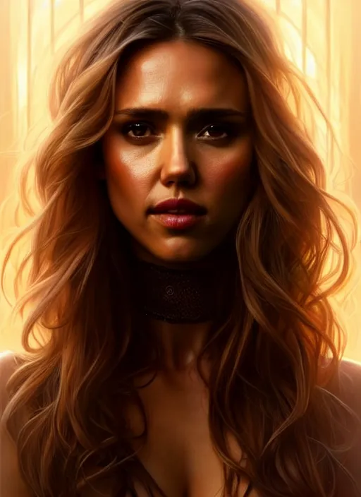 Image similar to half Jessica Alba half Nathalie Portman half scarlett johansonna pure seductive angel, full body portrait, slight smile, diffuse natural sun lights, autumn lights, highly detailed, digital painting, artstation, concept art, sharp focus, illustration, art by wlop and greg rutkowski and alphonse mucha and artgerm