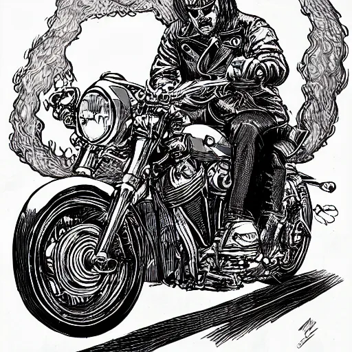 Image similar to hells angel biker riding through a burning street, intricate ink drawing, highly detailed in the style of jamie hewlett