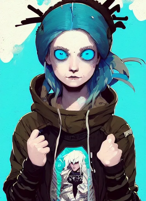 Image similar to highly detailed portrait of a sewer punk lady student, blue eyes, patchwork hoodie, white hair by atey ghailan, by greg rutkowski, by greg tocchini, by james gilleard, by joe fenton, by kaethe butcher, gradient blue, black, brown and cyan color scheme, grunge aesthetic!!! ( ( graffiti tag wall background ) )