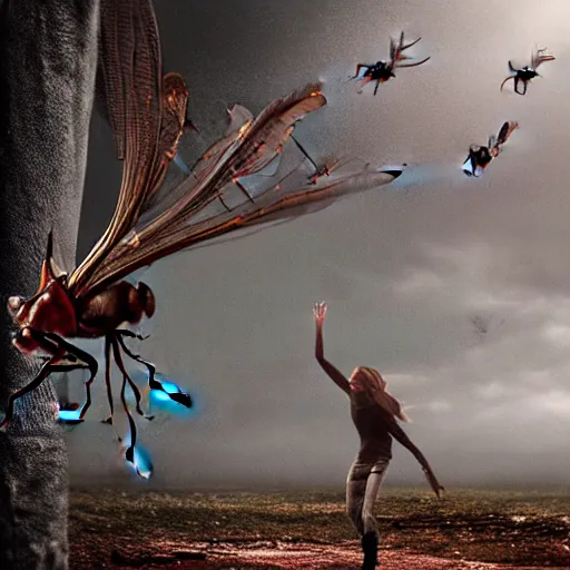 Image similar to giant mosquito chasing after someone, cinematic scene, dramatic lighting, horror