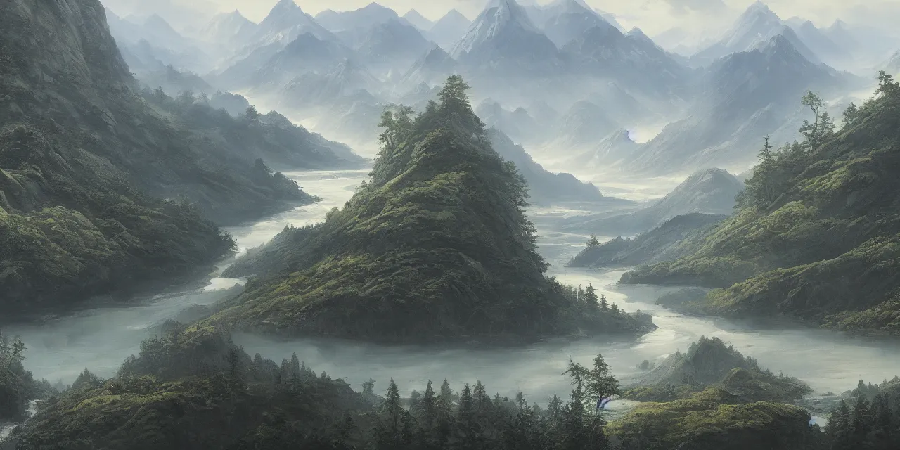 Image similar to a beautiful painting of a scene about a panorama of rivers and mountains, by xun ren and james jean, trending on artstation., ultrawide viewn and highly detailed matte painting