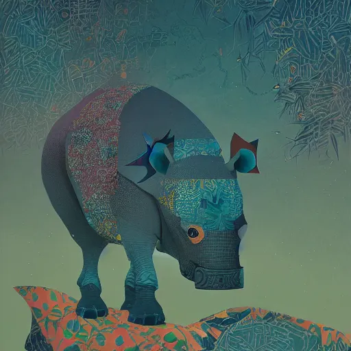 Prompt: cross between parrot and rhinoceros, digital art, oil painting victo ngai