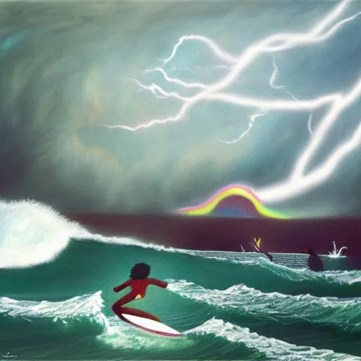 Image similar to bob marley surfing 50 foot waves in a violent lightning storm, a tiki hut in the foreground is almost blown over by the powerful winds by Alexander Jansson, oil on canvas, 8k