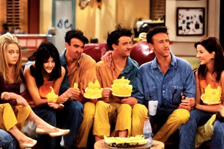 Prompt: the episode of Friends where everyone gets covered in nacho cheese